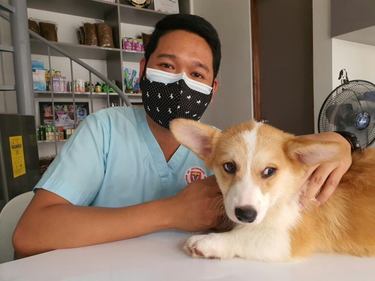 A masked man seated beside a dog